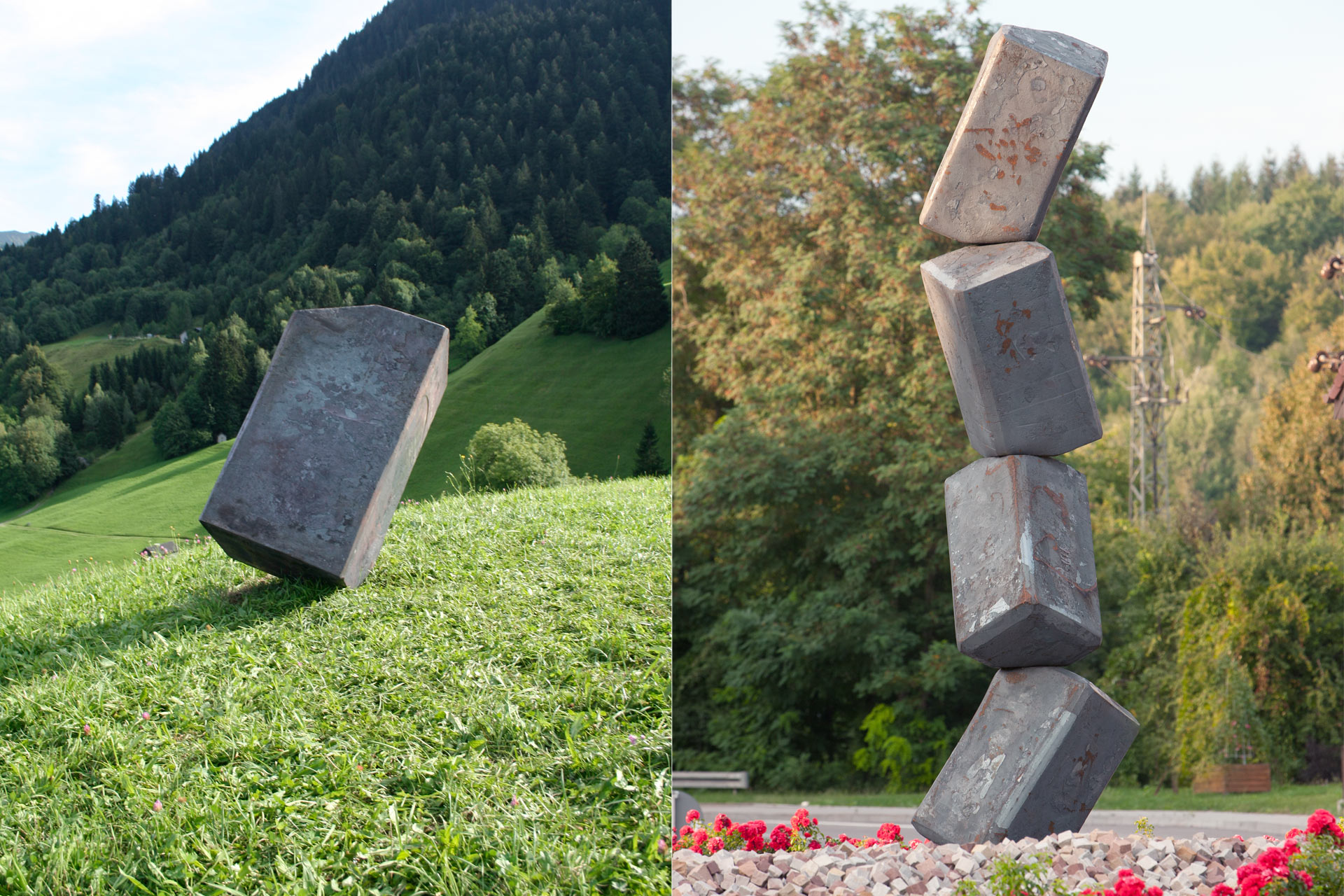 Polyhedron Gurtis (left) / Polyhedron in Pfinztal-Kleinsteinbach (right) -Forged art from Markus Strieder